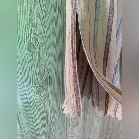 Rewash Linen Paper Bag Waist Wide Leg Striped Raw Edge Split Hem Crop Pants L - Picture 7 of 11